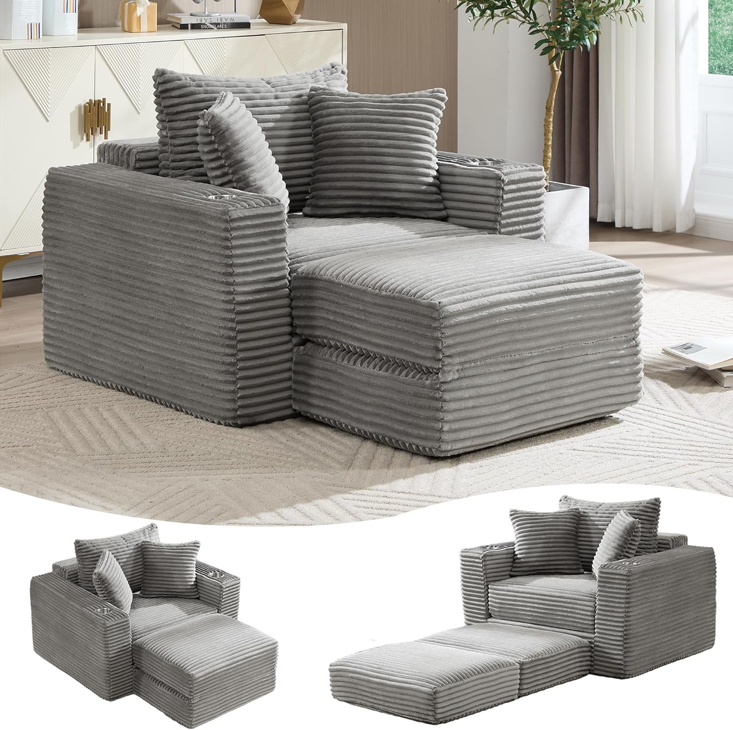 Boneless Chaise Lounge Chair Indoor, All-Foam Convertible Lounge Chair with No Frame, Wide Reclining Floor Lounger for Reading, Napping & Relaxation, No Assembly Needed (Grey)