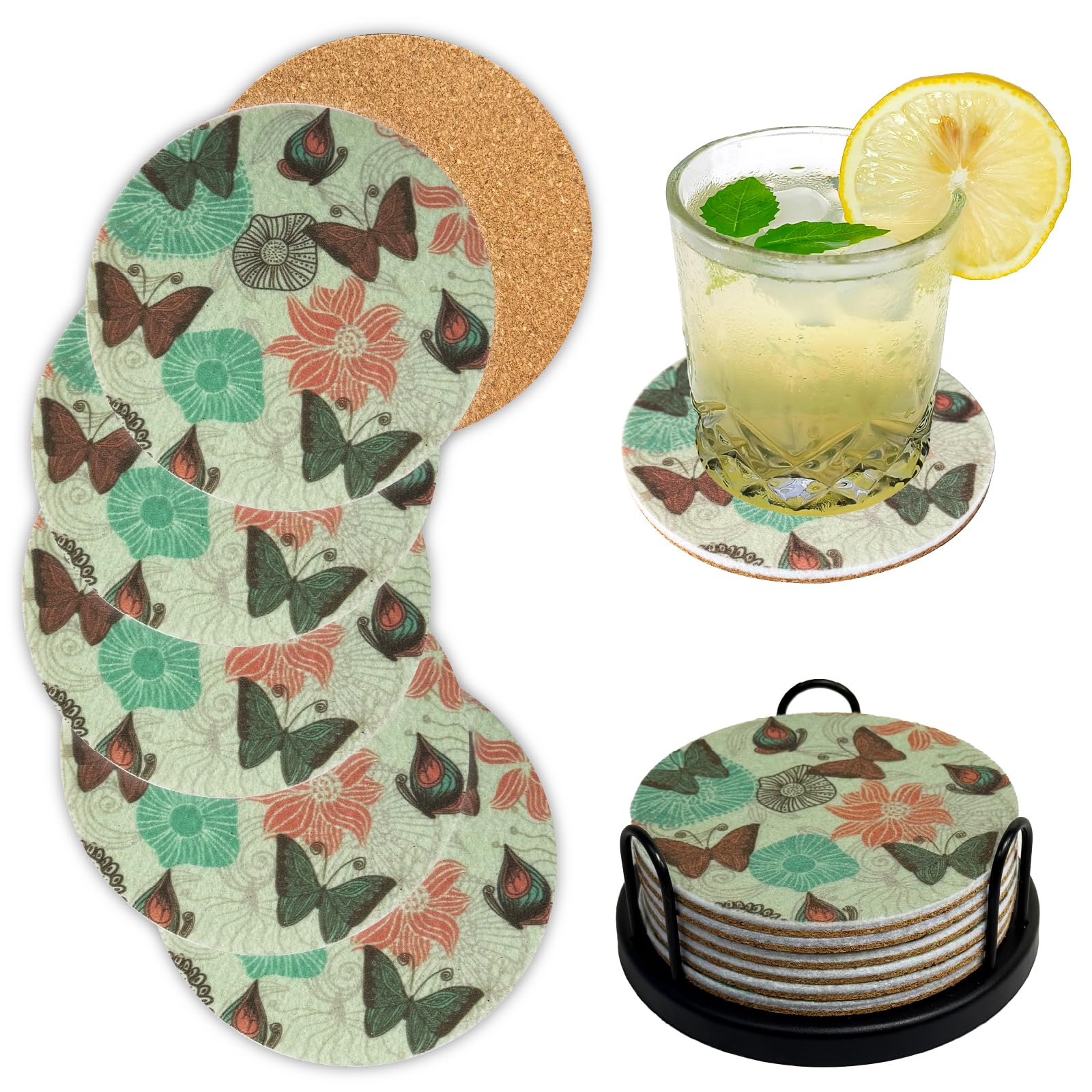 Vintage Butterfly Felt Coasters Set of 6, Round Absorbent Drink Coasters, Non-Slip Cork Backing, Removable Holder