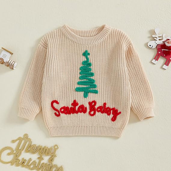 Toddler Baby Girl Boy Christmas Sweater Embroidery Letter Long Sleeve Knit Sweatshirt Top Xmas Fall Winter Clothes