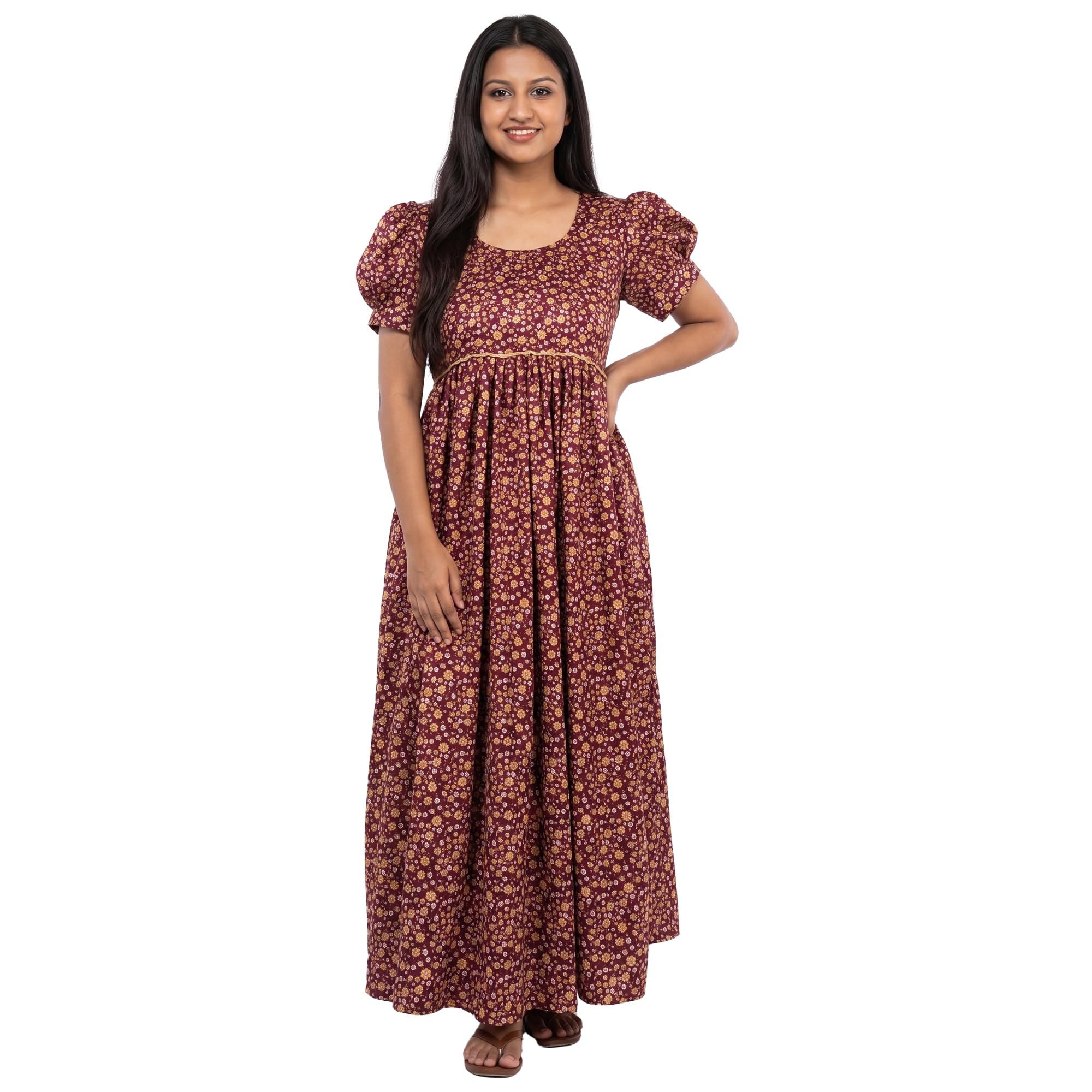 prayagi Feeding Frock for Women, Maroon Floral Print, Maxi Dress with Puff Sleeves, Zip Front, Tie-Back XS- 4XL-picture-55