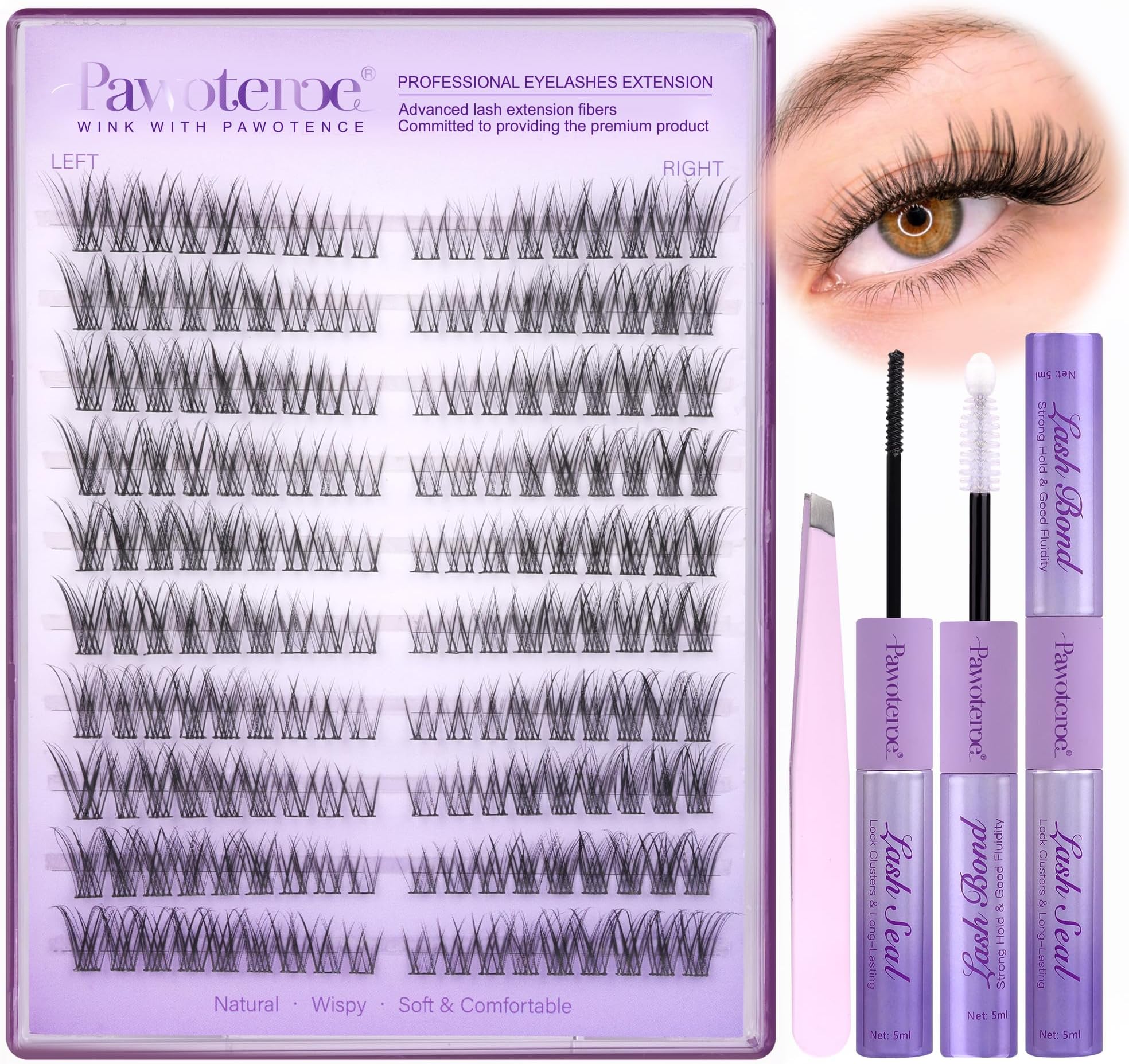 Wispy Lash Clusters Kit Cat Eye Lash Extension Kit 180pcs Natural Individual Lashes Left Right Cluster Eyelash Extensions Kit with Lash Bond and Seal, Lash Tweezers for Self Application