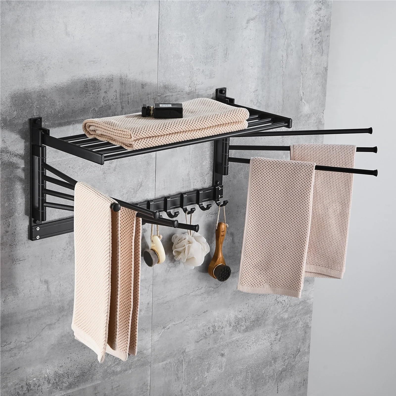 Toallero de 40 cm con Marco Superior y Ganchos, toallero Giratorio Pared, fácil Instalar Ahorra Espacio para Baño y Cocina