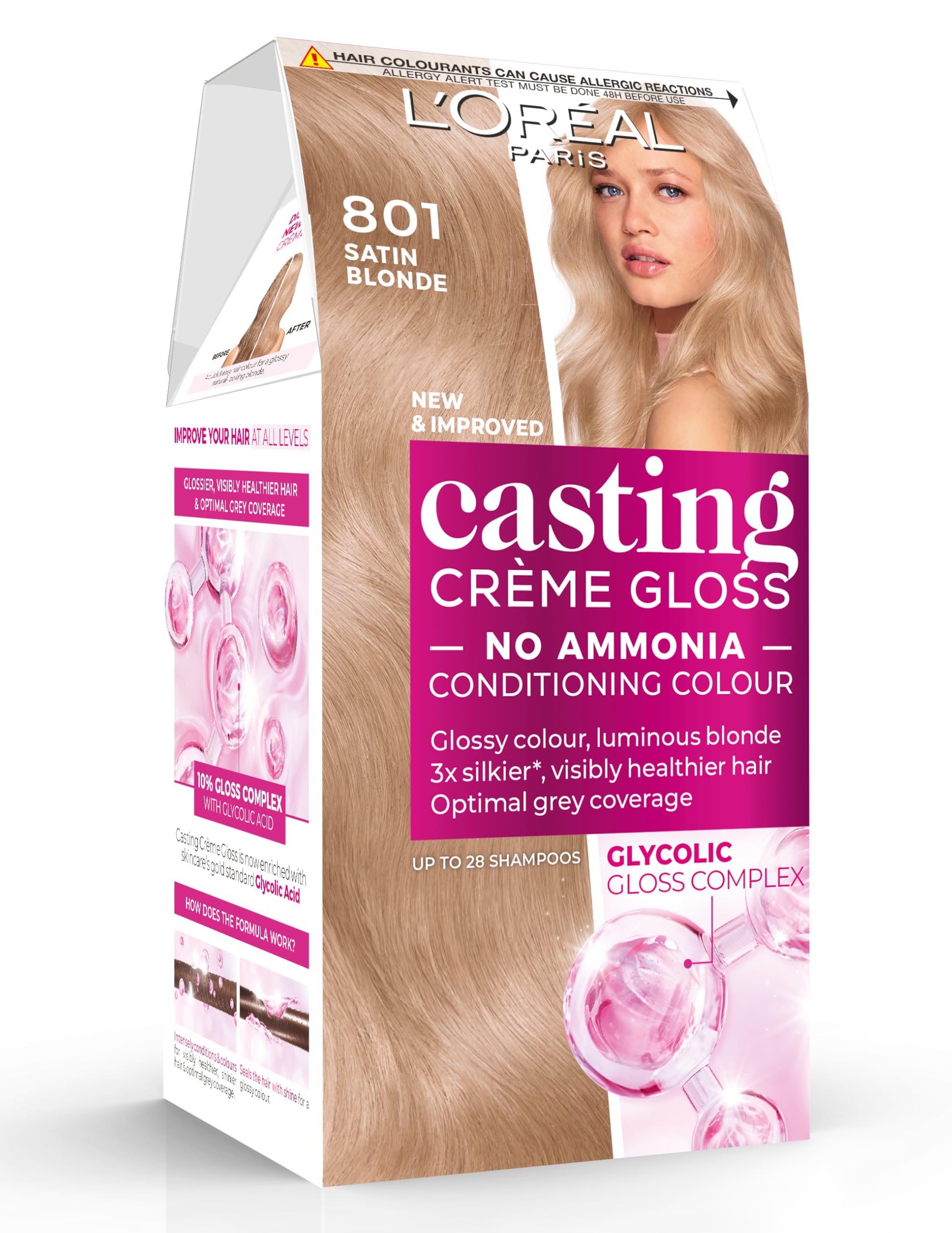 LâOrã©Al Paris L'oreal Paris Casting Creme Gloss Semi-Permanent Blonde Hair Dye, Blends Away Grey Hair Leaving A Radiant Hair Colour, Blonde Hair Dye 801 Satin Blond