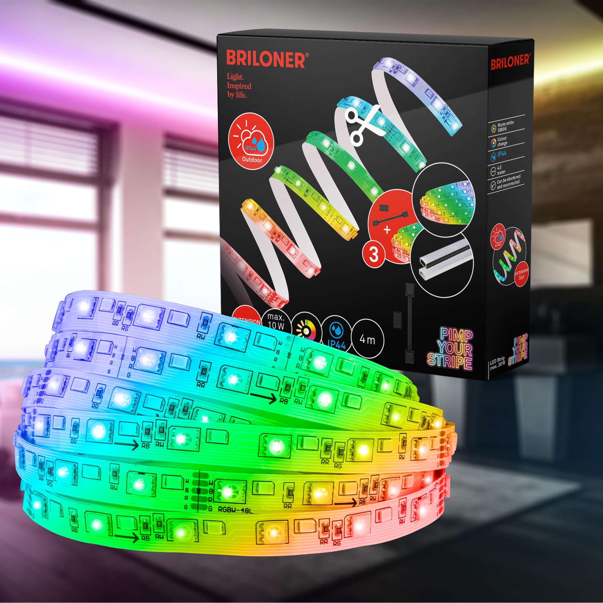 Briloner, Your Stripe LED Strip Extension Set 4 m, IP44 Splash Protection, dimmable, Color programmes, RGB Colorful