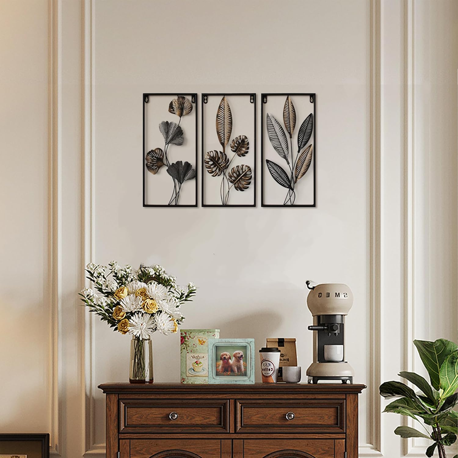 CVHOMEDECO. 3 Piece Metal Wall Art Antique Bronze Metal Leaves Wall Decor Rustic Farmhouse Walls Art for Living Room Bedroom Bathroom or Outdoor Decor