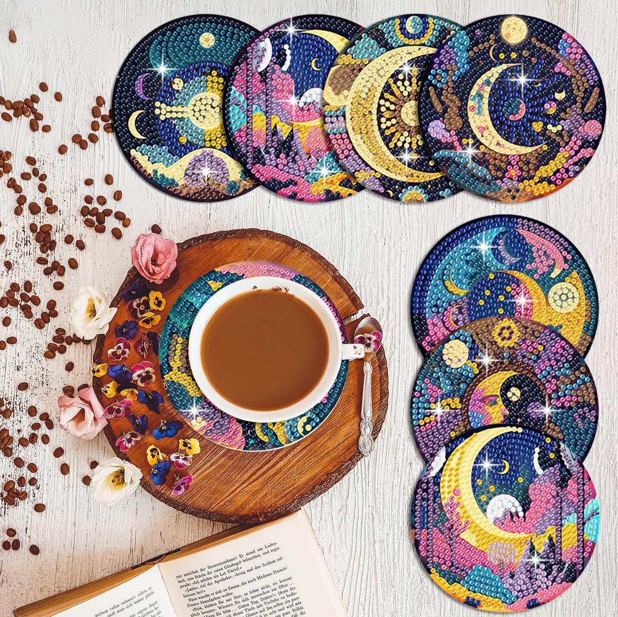 Muzagroo Art Diamond Painting Coasters Set for Adults Moon Diamond Art Kits for Beginners Stress Reducing Craft Coasters with Holder 8pcs(Moon) - Image 4
