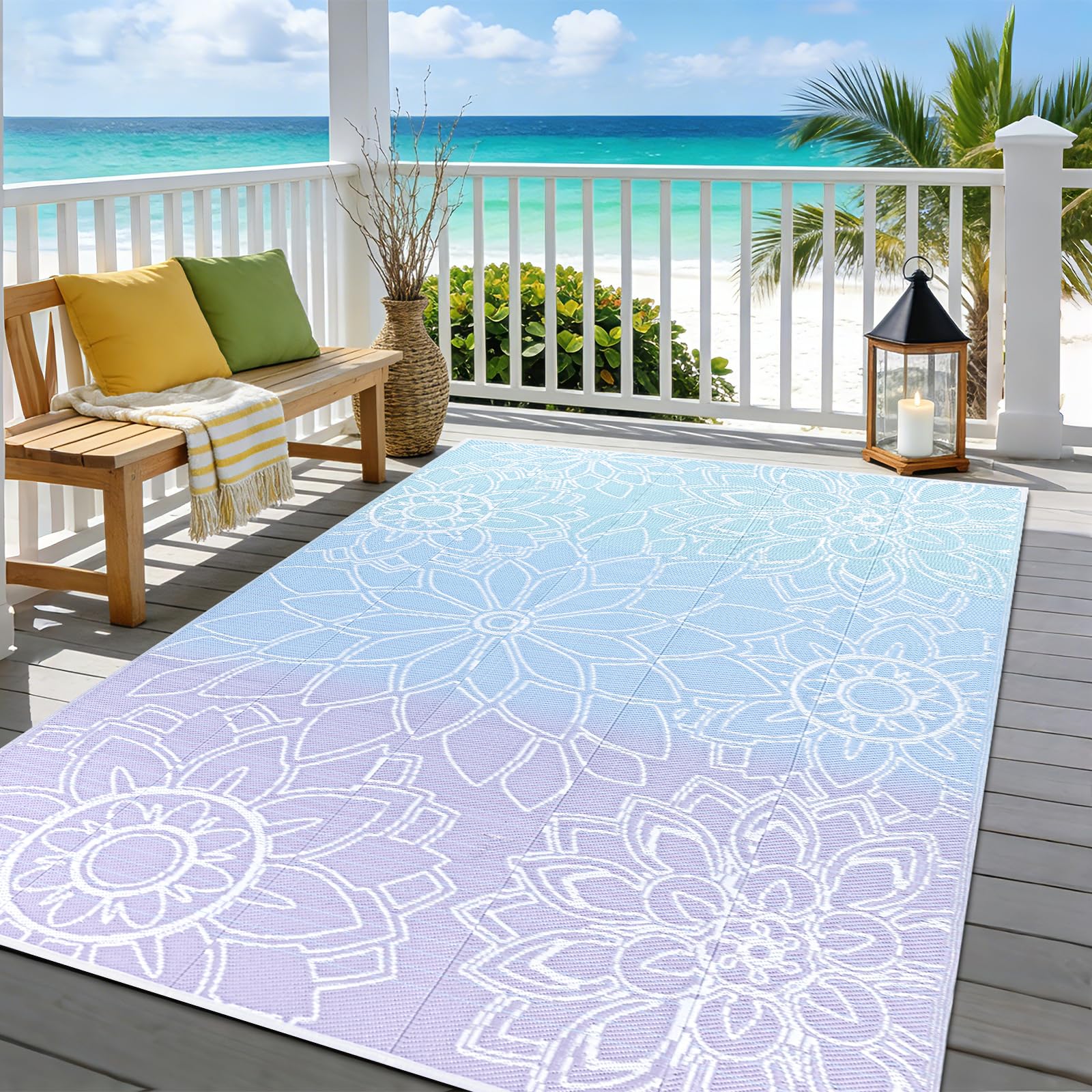 Enyhom Extra Large Outdoor Rug Waterproof 240 x 300 cm, UV Resistant Reversible Garden Carpet Easy Cleaning, Foldable Plastic Patio Mats for Camping Deck Picnic Backyard RV, Blue and Purple — image 1
