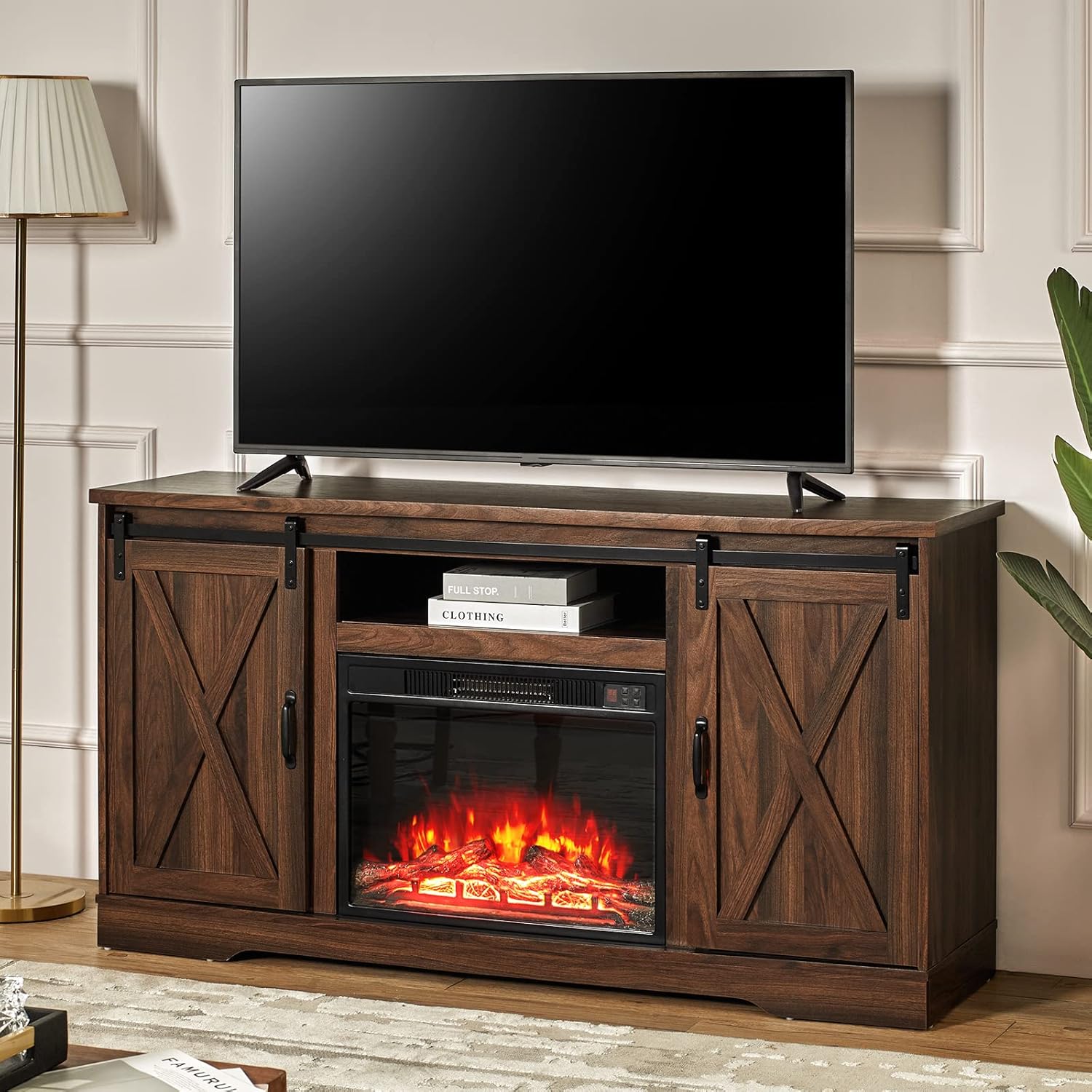 Amerlife Fireplace TV Stand with Sliding Barn Doors