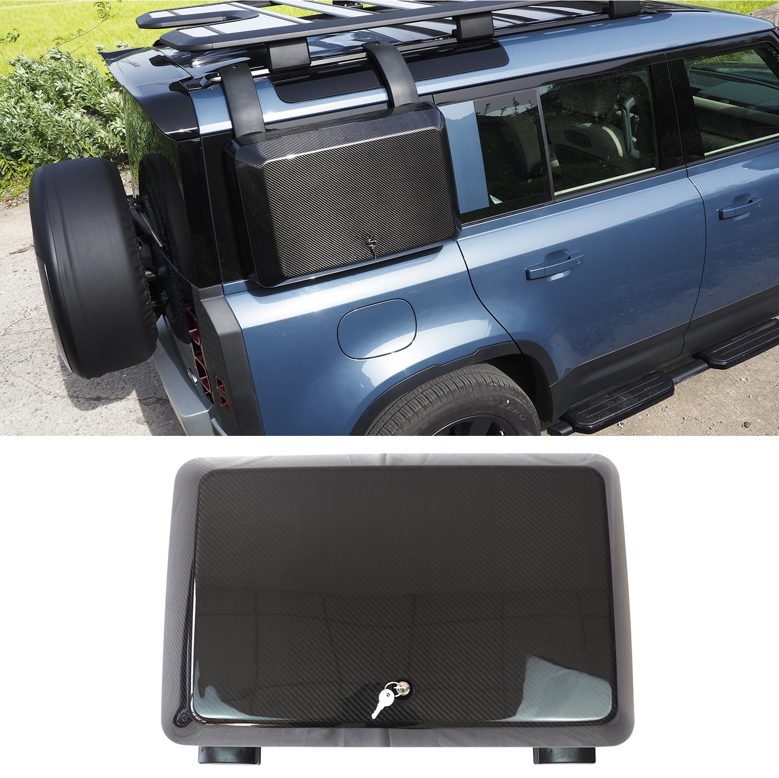 COOLAUTO Exterior Side Mounted Gear Carrier Toolbox Storage Box with Lock fits for 2020-2025 Land Rover Defender 90 110 Side Storage Box Black Aluminum, Carbon Fiber