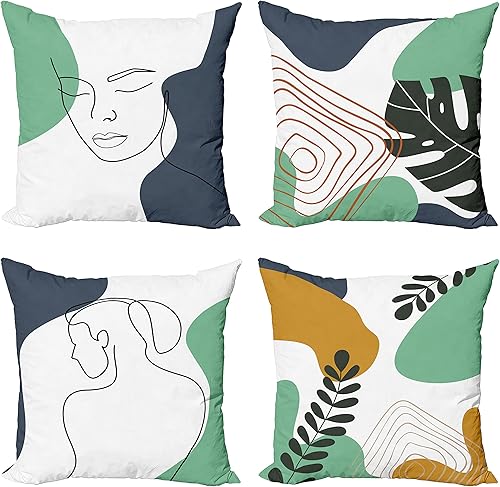 Ambesonne Juego de 4 fundas de cojín minimalistas con diseño de líneas modernas, retrato de mujer con detalles geométricos frondosos contemporáneos,