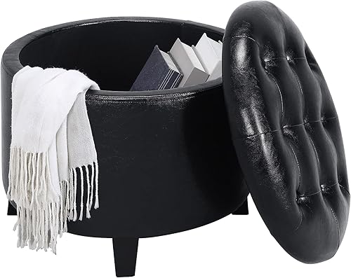Miniatura 5 de Convenience Concepts Designs4Comfort - Otomana redonda para almacenamiento, piel sintética, color negro