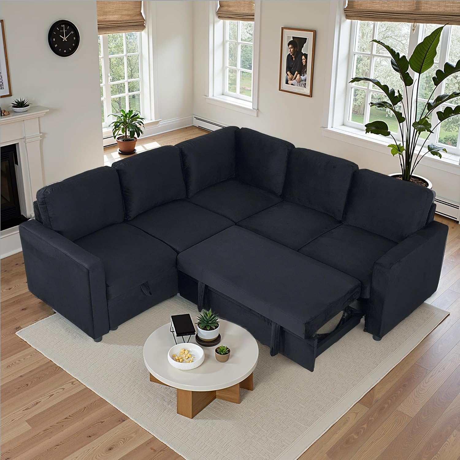 IncompCouch, Sofa Bed, 83\" Pull Out Sleeper Couch with Storage Chaise, Convertible L Shaped Sofa for Living Room, Apartment, Black