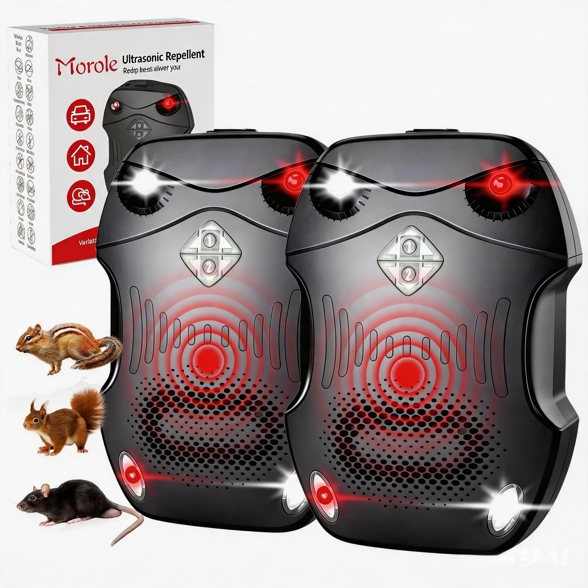 Marderschreck Auto 50-80 ㎡ | 3-IN-1 Stromversorgung AA-Batteriebetrieben & Autobatterie & USB | mit Ultraschall & Blitzlicht | Marderabwehr Auto, Haus, Dachboden, Garten (2-Pack)