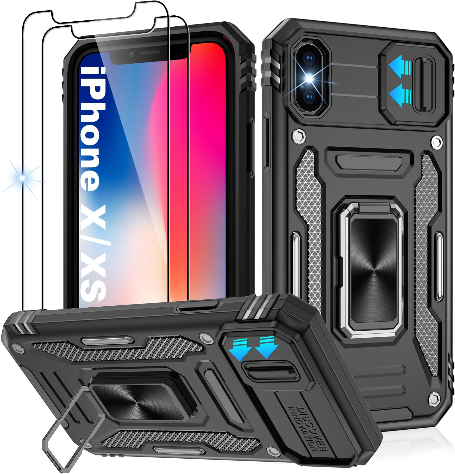 Jshru for iPhone X Case with Screen Protector [2 Pack] and Slide Camera Cover,Shockproof iPhone XS Case,Ring Kickstand Phone Cover for iPhone X/XS,Black