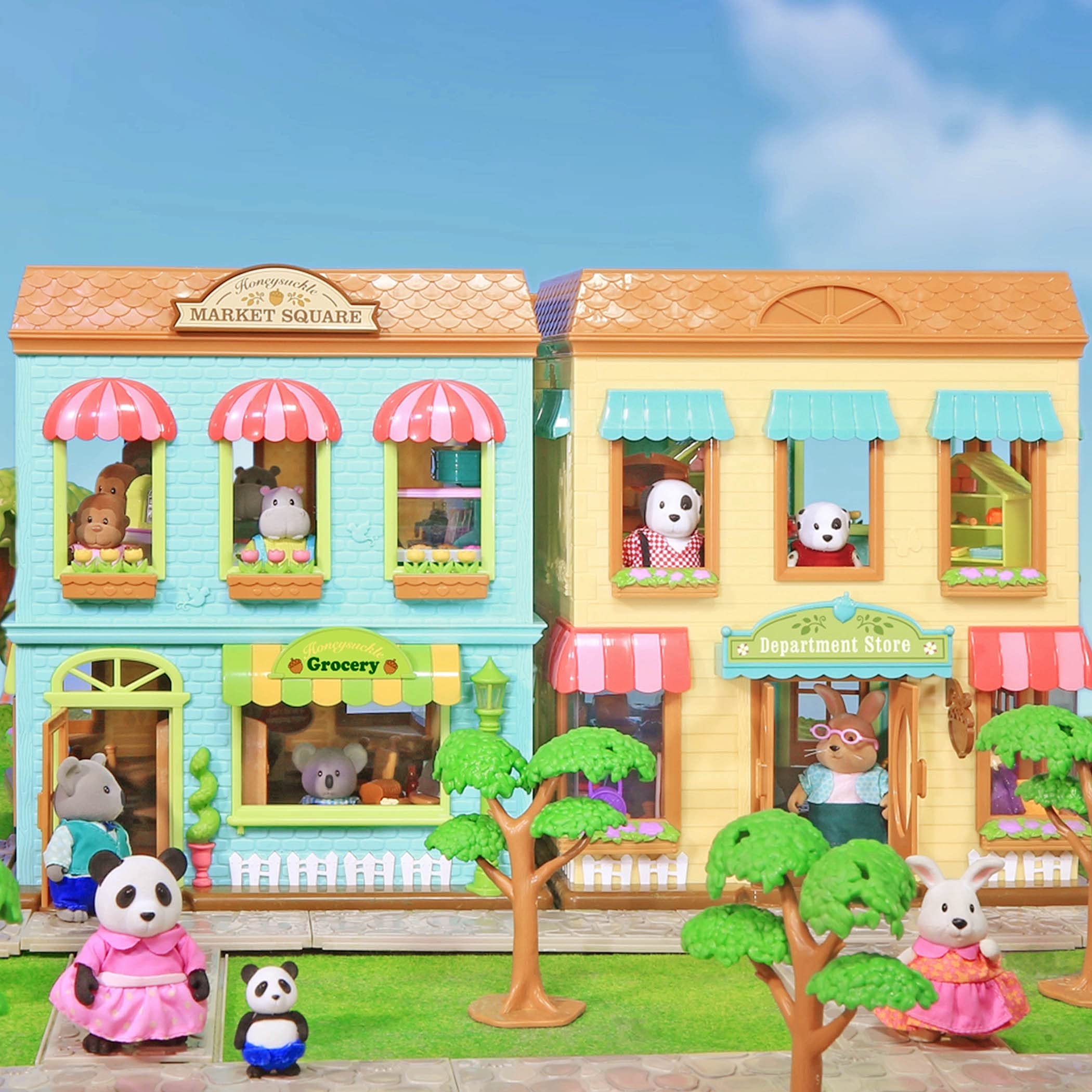 B. toys Li’l Woodzeez Piazza del mercato Honeysuckle con luci e accessori | Set da 24 con luci funzionanti, cassa, cestino e accessori per la spesa nella Piazza del mercato Honeysuckle, 3+ anni