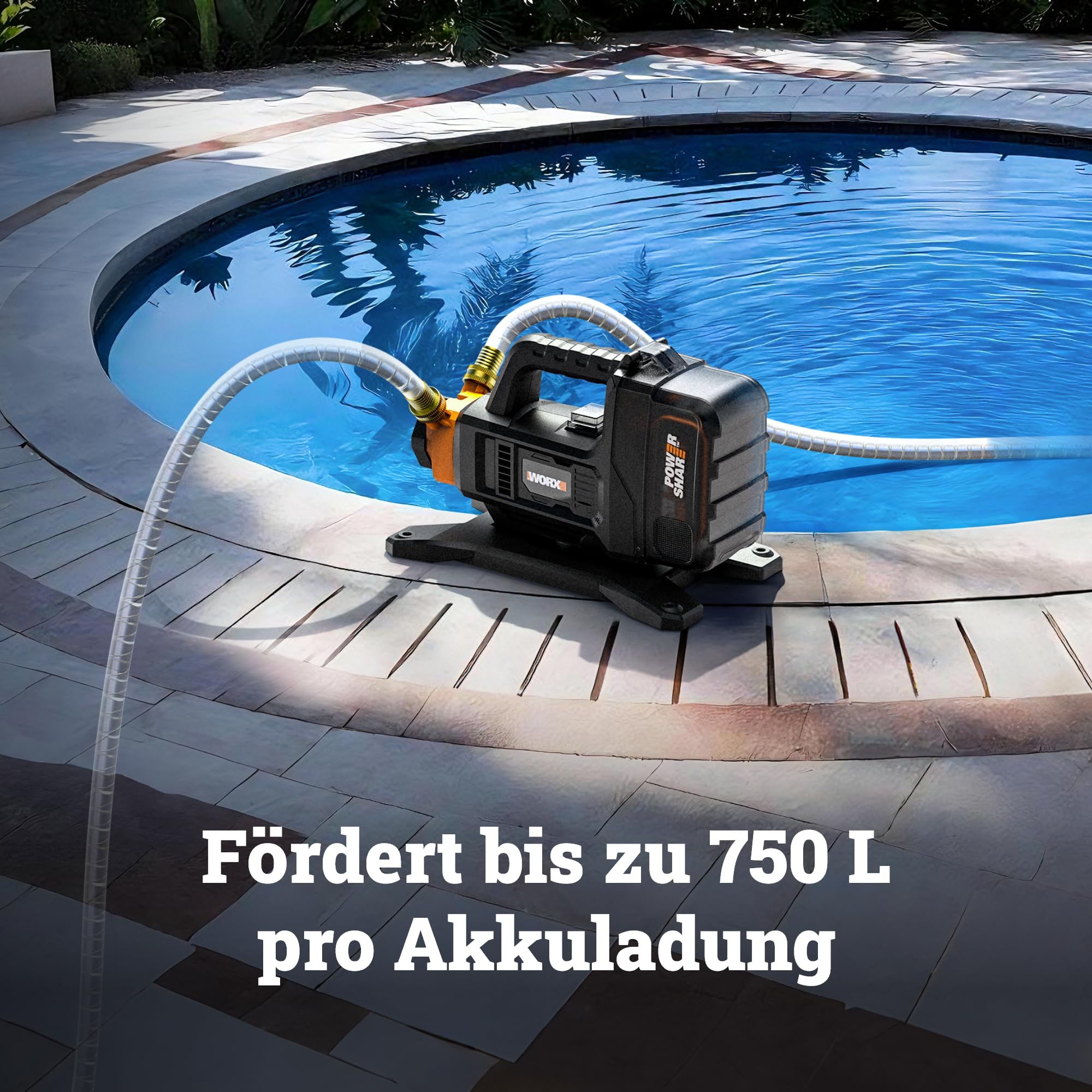 WORX WG830E, Akku-Transferpumpe 20V, inkl. Akku & Ladegerät, PowerShare | Wasserpumpe mit 1300 L/h Förderleistung und 10 m Förderhöhe