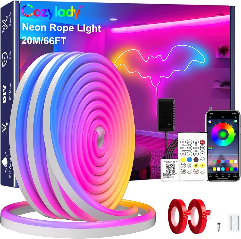 Cozylady RGB luz de neón LED cuerda de luz, aplicación Bluetooth impermeable control remoto sincronización de música, luz de silicona flexible de 24 V para dormitorio, hogar, decoración interior y exterior