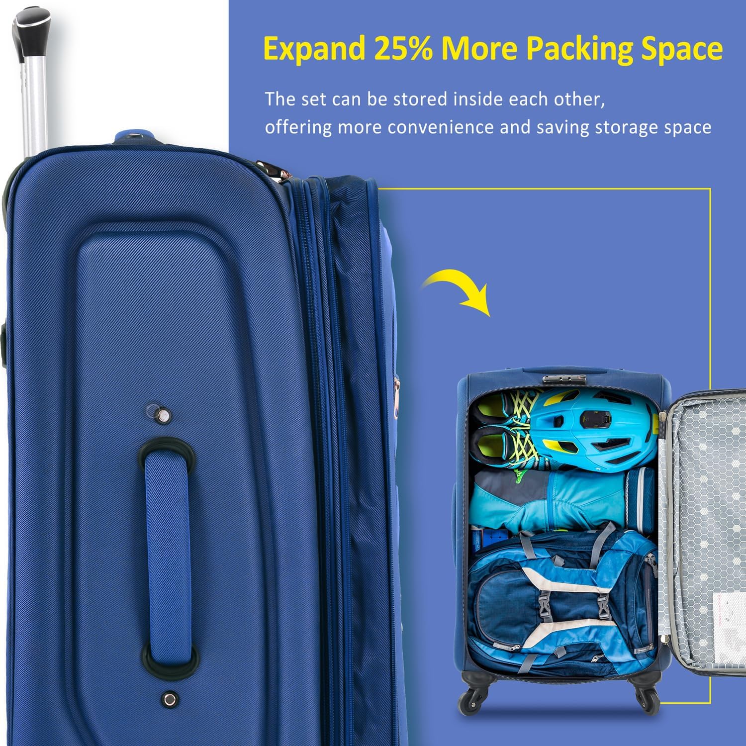 Luggage Sets 3 Piece - 20" Carry-On, 24” & 28” Checked Luggage Set, Expandable Luggage Lightweight Suitcase with Spinner Wheels & TSA Lock for Family Extended Travel (Blue)