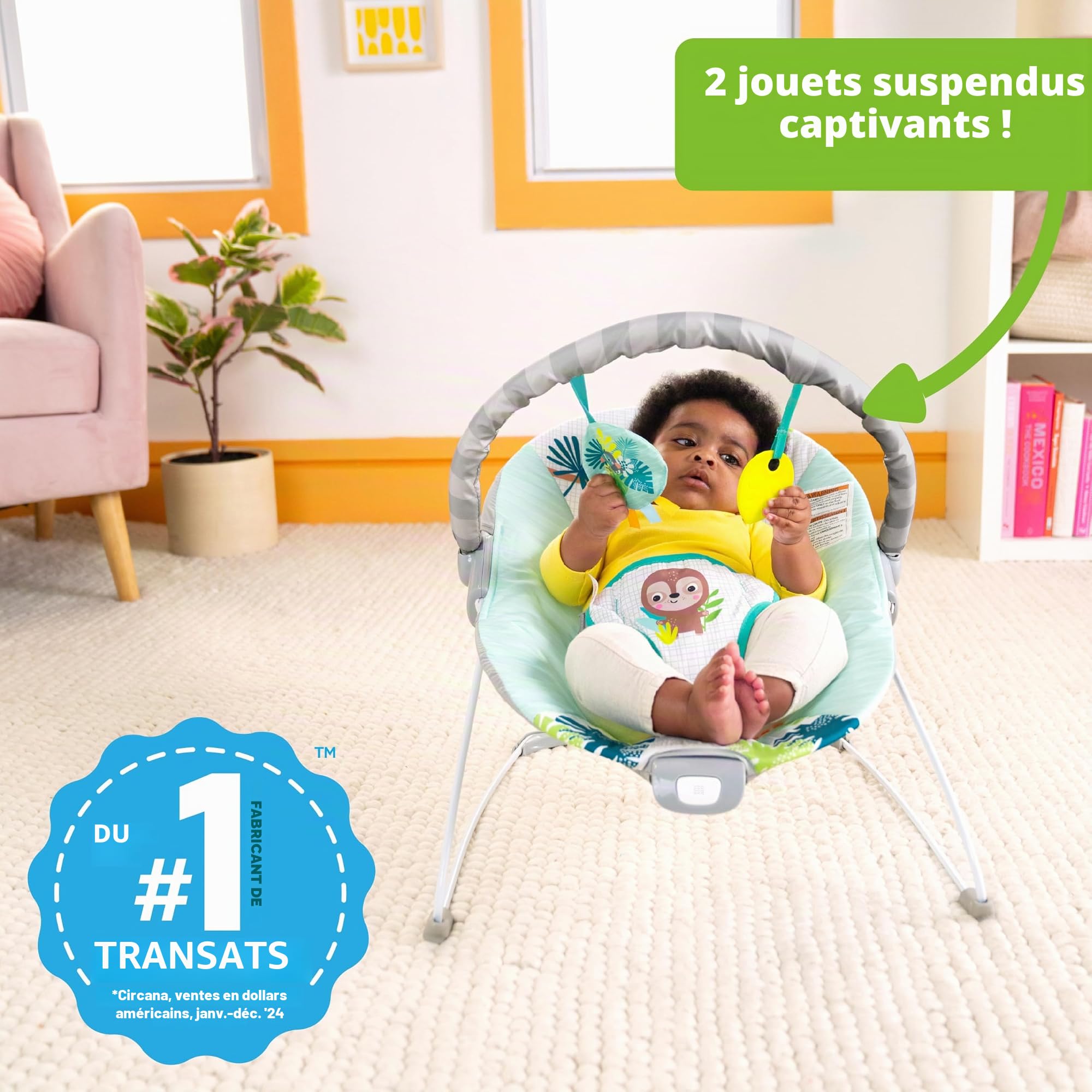 Bright Starts Wild Wonders,Transat Vibrant Bébé avec Arche Amovible et 2 Jouets, Pieds Antidérapants, 0-6 Mois, Jusqu’à 9 kg