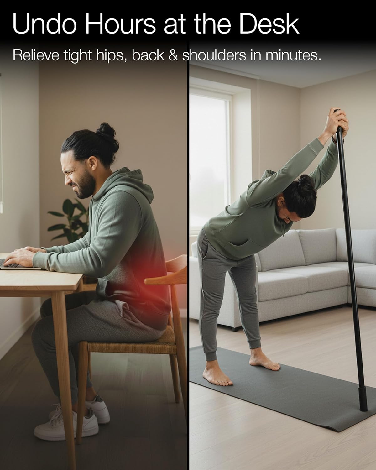 Yoga Stick - 5ft Bamboo Stretching Stick for Mobility with 20+ Video Tutorials - Posture Corrector, Stiffness Relief - Dowel Rod for Physical Therapy, Exercise Stick for Stretching with Non-Slip Grips