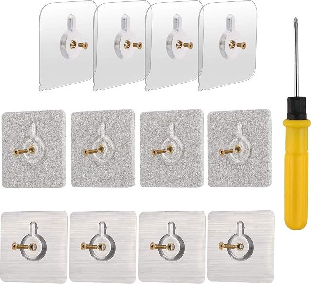 OOTSR 12-Set 60x60mm Detachable Adhesive Screws Wall Mount Stick-on Sticky Hanging Nails No-Trace No Drilling with Screwdriver for Bathroom Kitchen Storage Room Tile Wall Shower Room