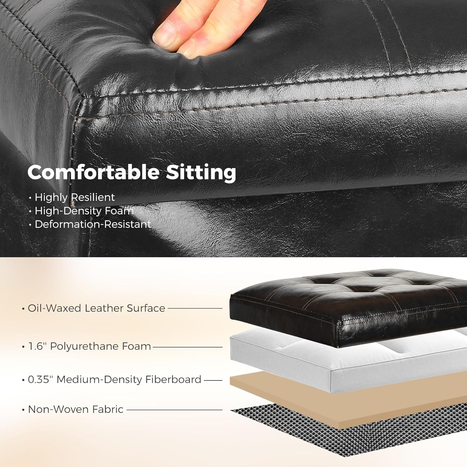 Storage Ottoman Footrest Stool. Foldable Oil Waxed Leather Footstool with Thicker Foam Padded Seat. Small Ottoman with Storage Bench for Living Room Bedroom 350 lbs, 17x13x13in, Black. - Image 6