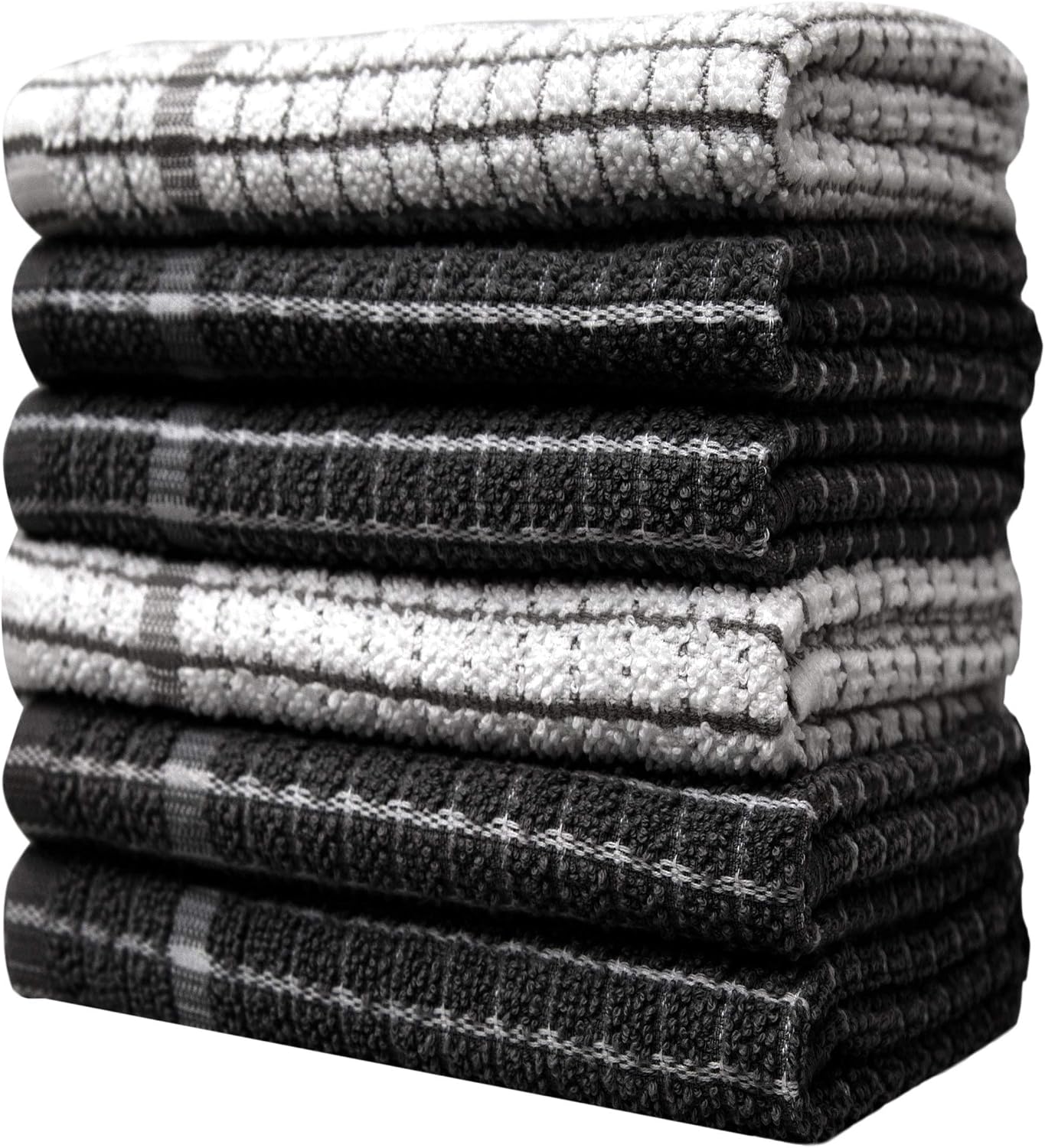 Pleasant Home Kitchen Towels (18" x 24", 6 Pack) – Check Design - Solids and Multi- 320 GSM - Super Absorbent Kitchen Towels (Black, Multi Yarn Dyed)