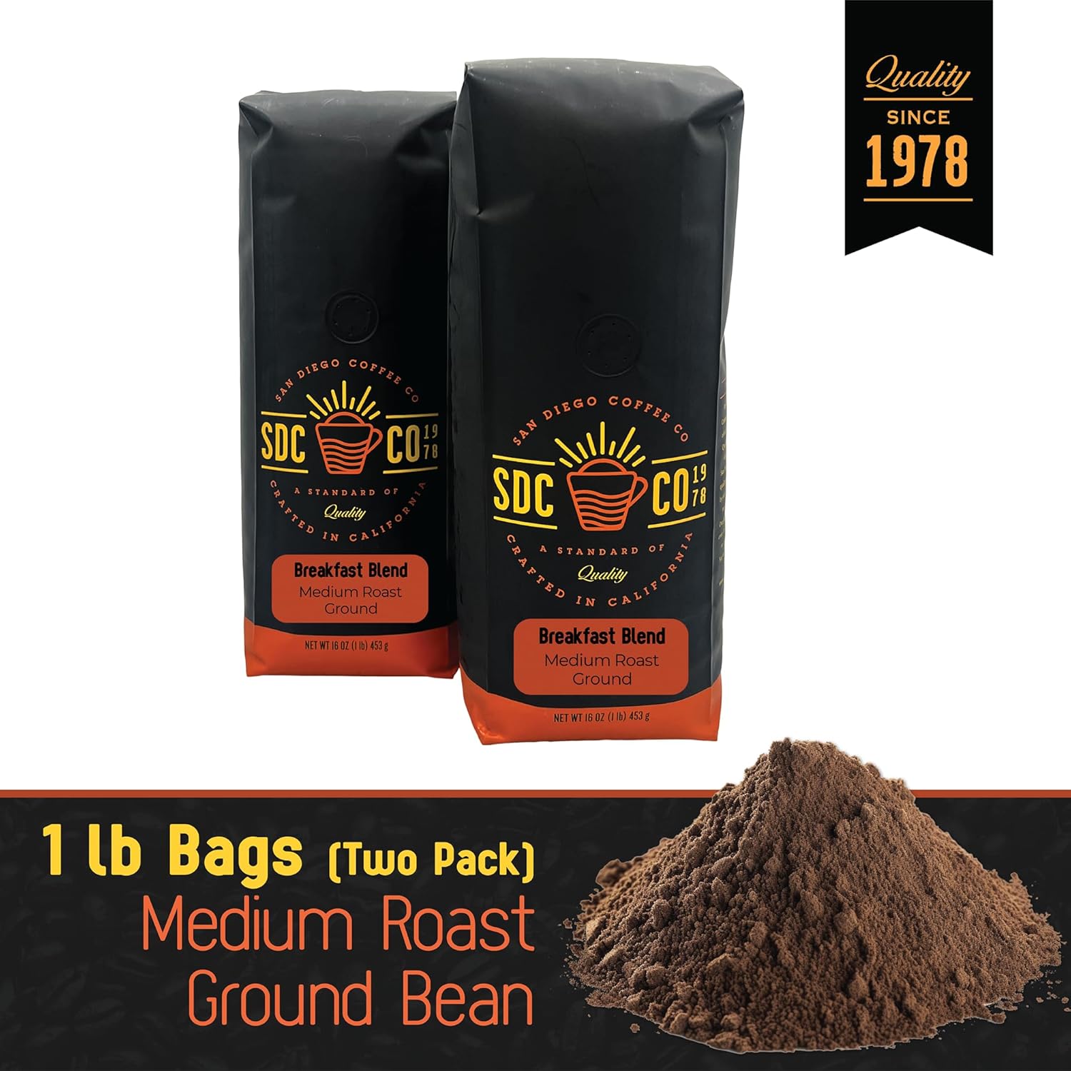 San Diego Coffee Breakfast Blend, Medium Roast, Ground Coffee, 16-Ounce Bags (Pack of 2) Café molido tostado