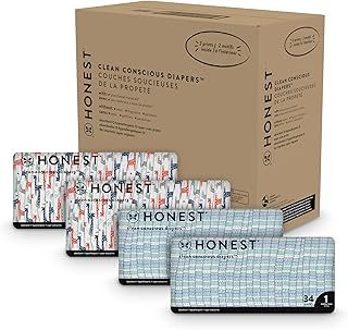 The Honest Company Clean Conscious Diapers | Plant-Based, Sustainable | Dots & Dashes + Multi-Colored Giraffes | Super Club Box, Size 1 (8-14 lbs), 136 Count