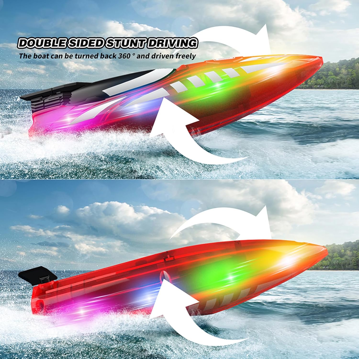 RC Boat with Cool LED Lights, 2.4Ghz Double-Sided Driving Boat Toys, 15 KM/H Racing Boats for Teens & Adults with Rechargeable Battery, Low Battery Reminder, Water Play Toy Gift for Teens