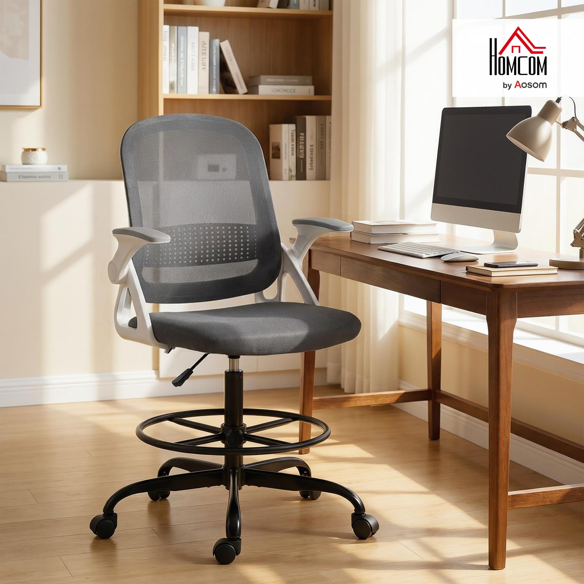 HOMCOM Silla de Escritorio de Malla, Silla de Dibujo con Reposabrazos Abatibles, Altura Ajustable, Soporte Lumbar, Reposapiés, Ruedas Giratorias para Oficina, Estudio, Gris