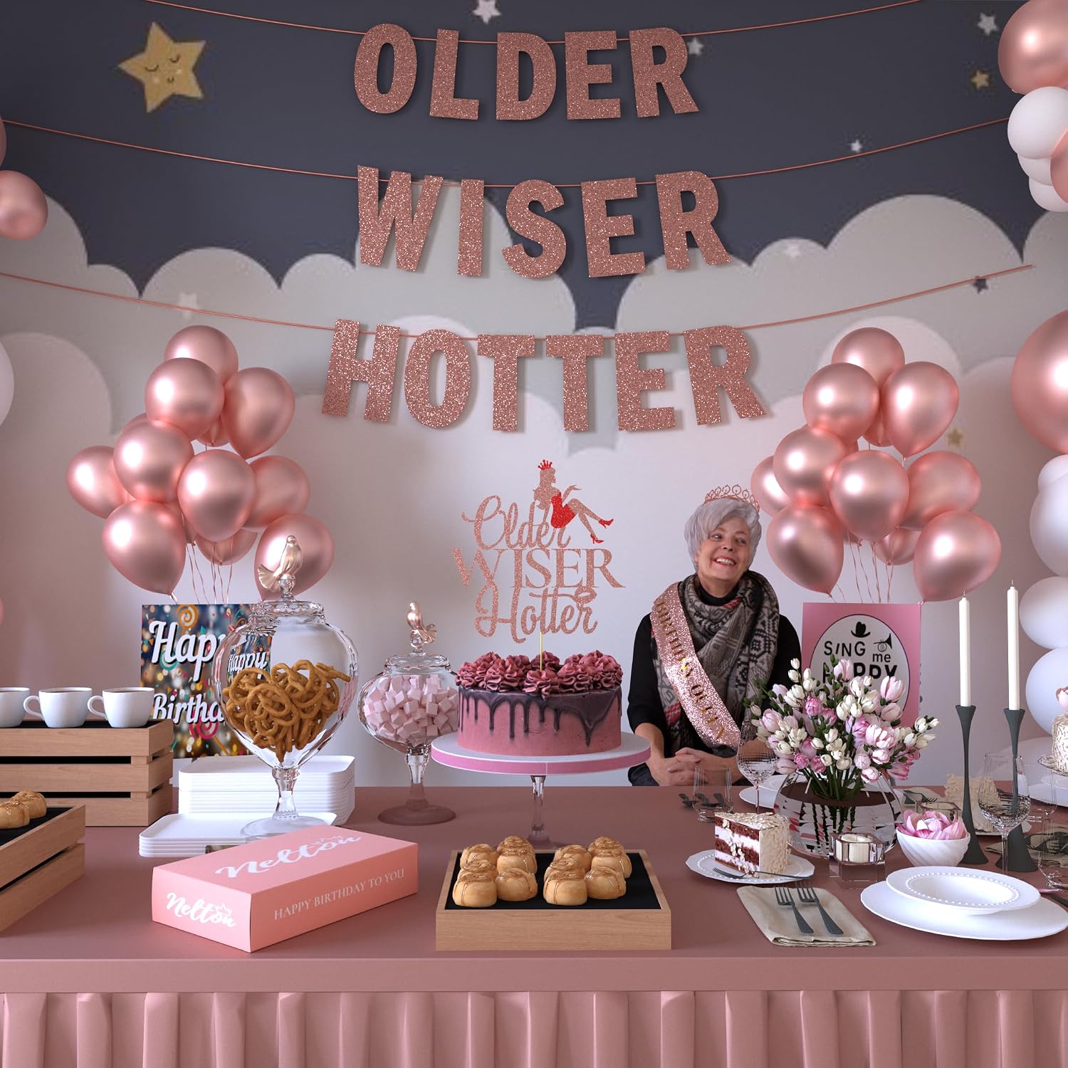 Nelton Rose Gold Birthday Decorations for Women Includes Queen Sash, Tiara Crown, Cake Topper, 15 Balloons, Older Wiser Hotter Rose Gold Glitter Banner, Gift Box