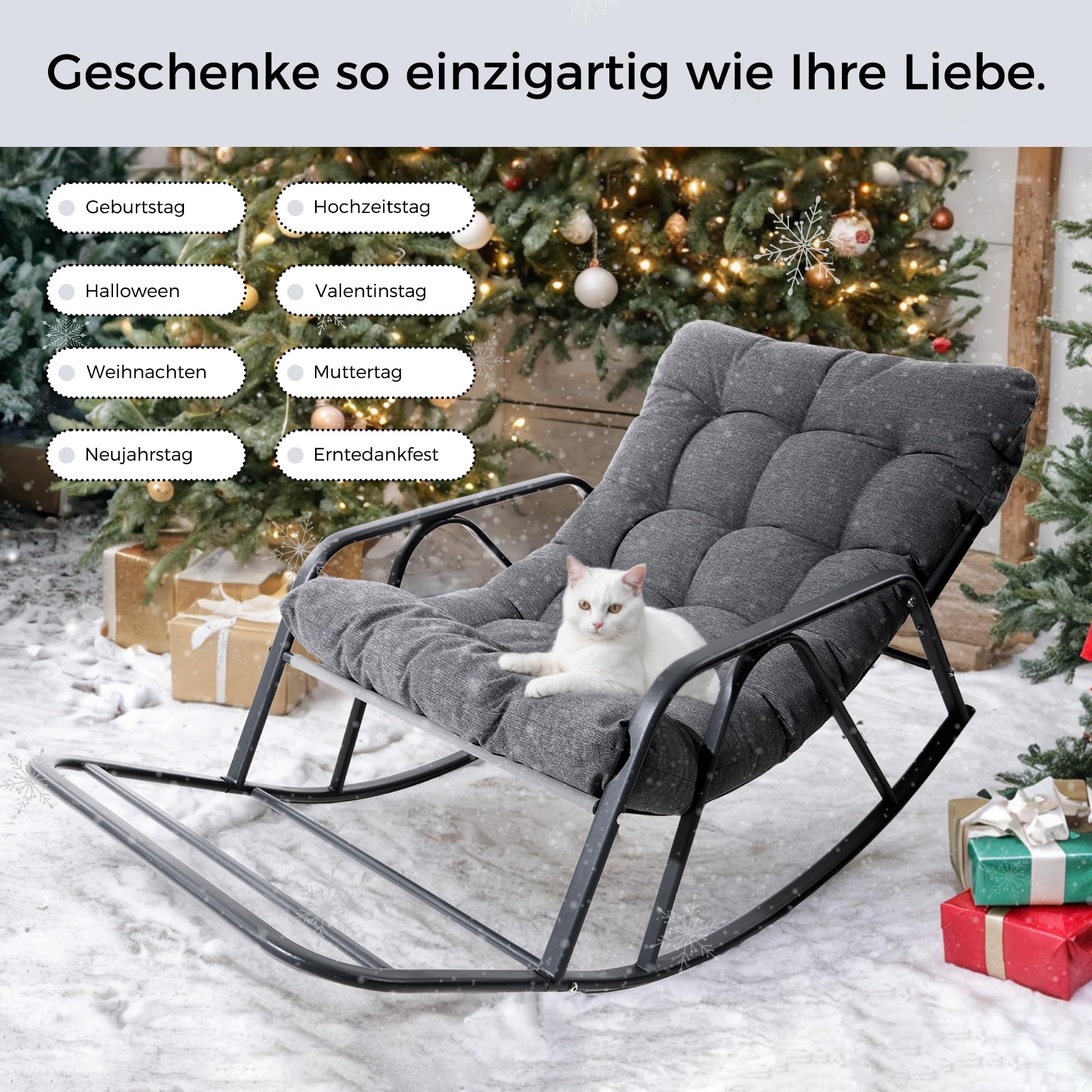 IRONCK Patio-Schaukelstuhl mit Kissen, Übergroßer Garten-Schaukelstuhl mit Armlehnen und Fußstütze, Moderner Lounge-Stühle für Wohnzimmer, Garten, Terrasse & Balkon, Grau