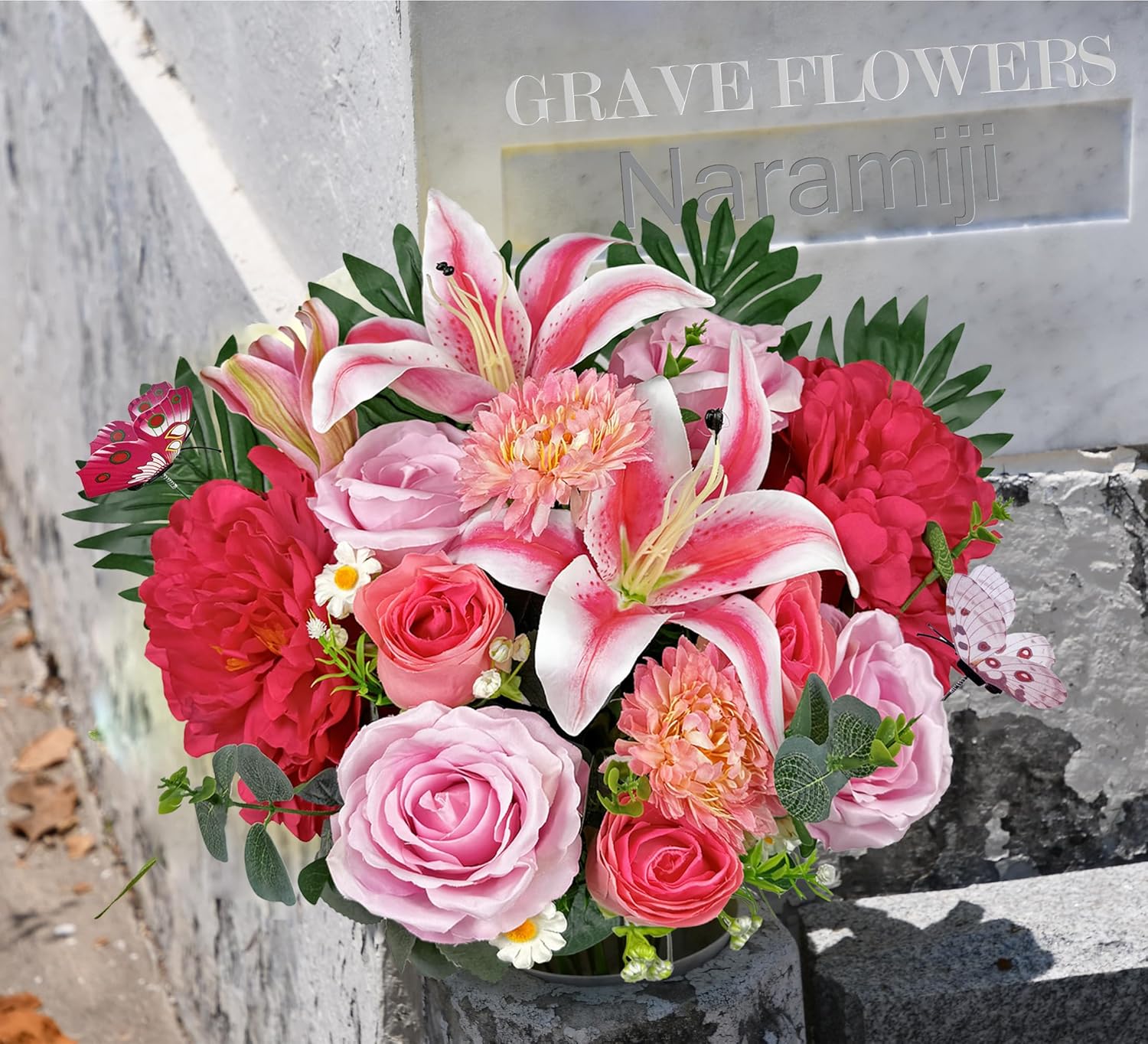 Long-Lasting Colorfast Cemetery Flowers with Grave Vase -Pink Roses for Headstone Decorations, Sympathy & Memorial Tributes