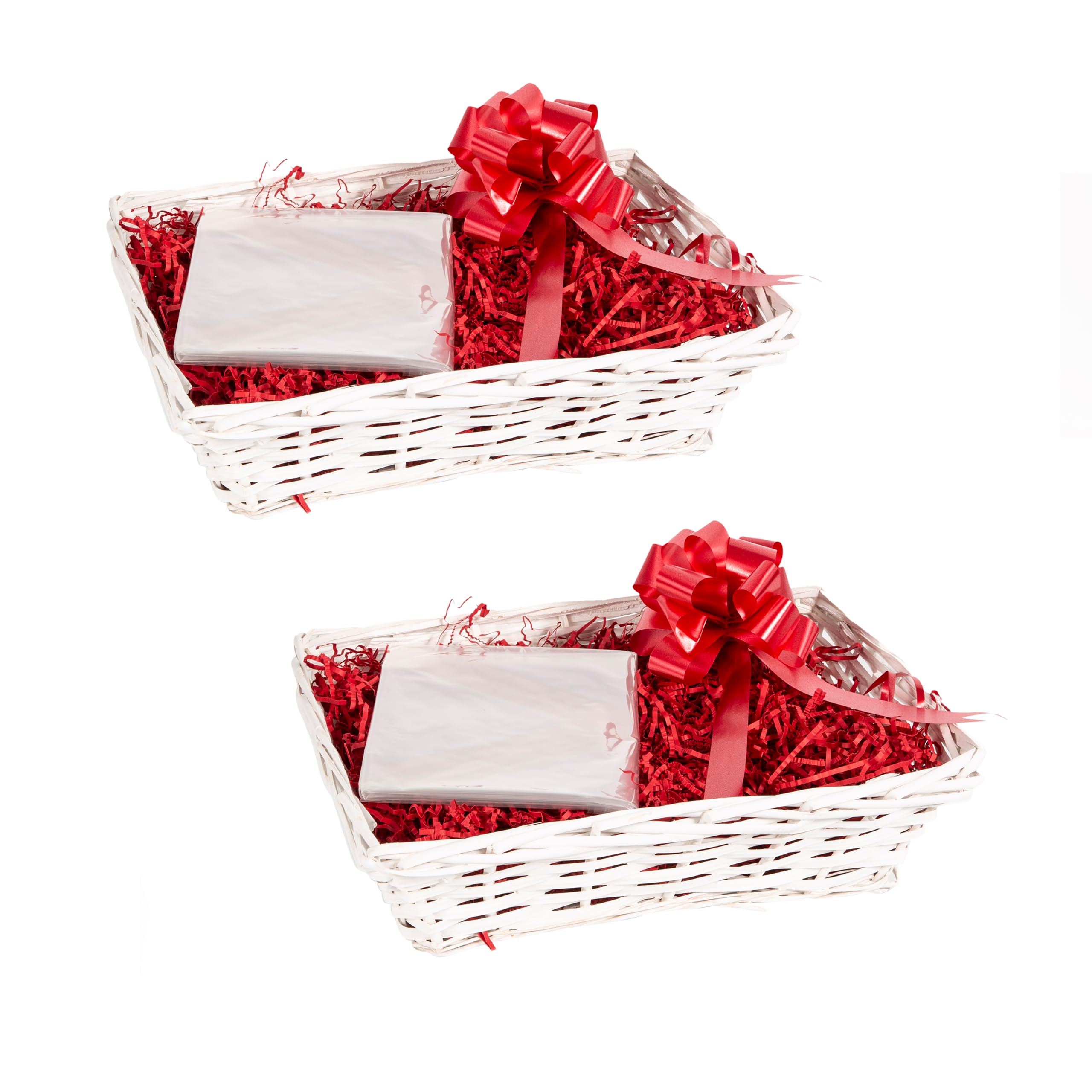2PCS White Wicker Hampers DIY Gift Basket Hamper Kit Shredded Paper Cello Wrap Pull Bow (Red)