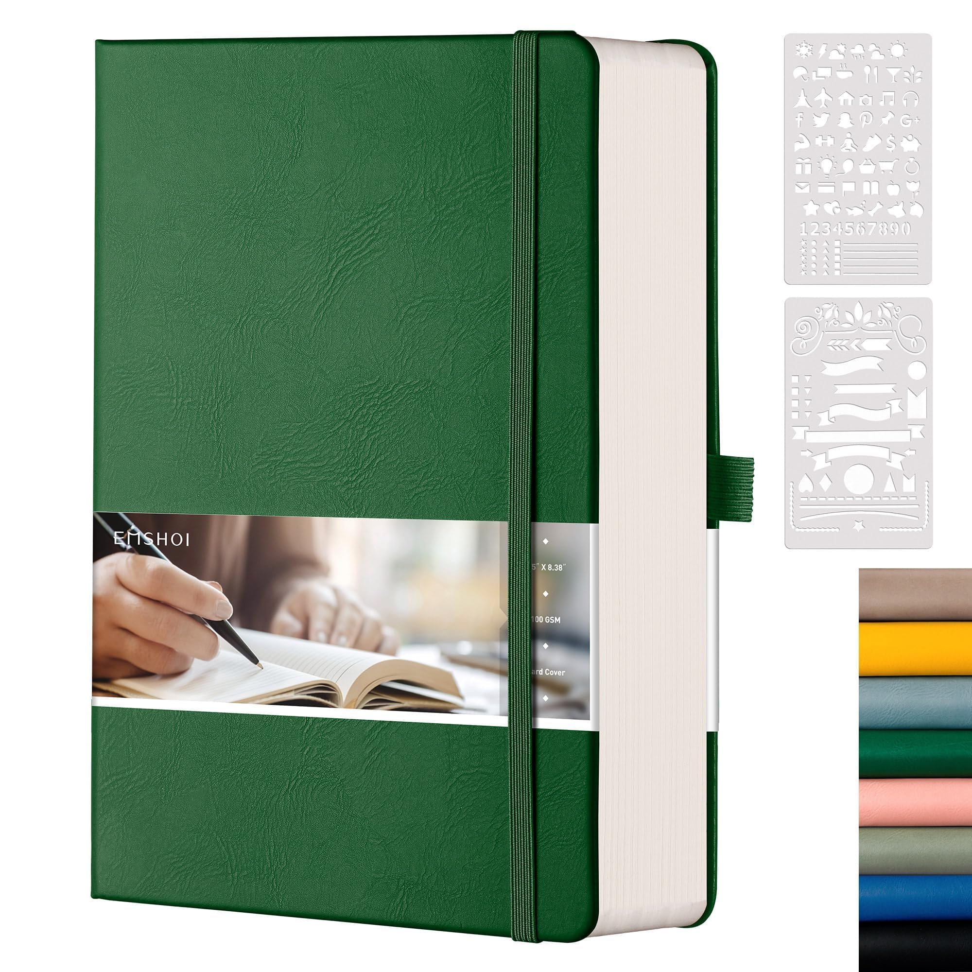 EMSHOI Bullet Dotted Journal Notebook, 320 Pages A5 Hardcover Leather Journal, Dot Grid Notebook with 100gsm Thick Paper, Pen Holder, Journal Stencils, Inner Pocket, 5.75" x 8.38"- DarkGreen