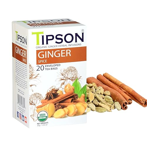 Tipson Infusiones de hierbas orgánicas de jengibre, especias de jengibre, totalmente naturales, 20 bolsas de té envueltas (paquete de 1)