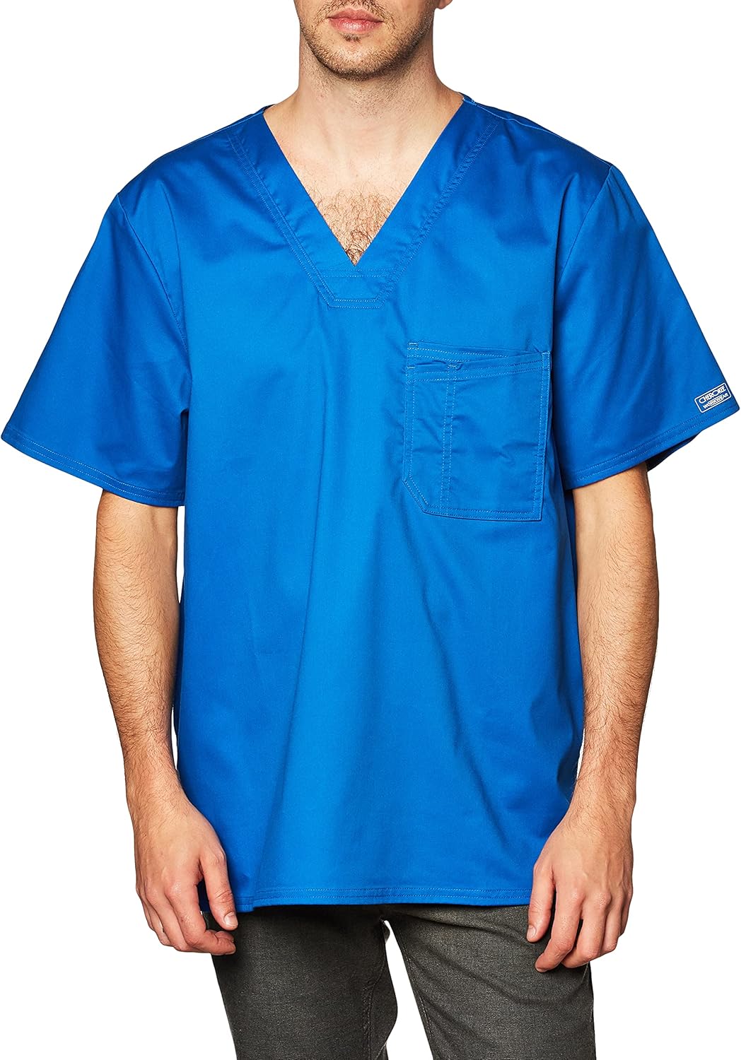 Cherokee Men Scrub Set Tuckable V-Neck Top 4743 Fly Front Cargo Scrub Pant with Reinforced Adjustable Drawstring 4243, Royal - XL Top/XL Pant