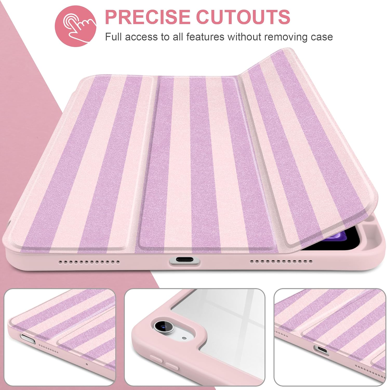 DONGKE Case for iPad Air 11-inch M4 2026 & M3 2025 & M2 2024, iPad Air 5th/4th Generation 10.9" 2022/2020, [Built-in Pencil Holder] Clear Acrylic Back Trifold Stand Smart Cover, Pink Stripes