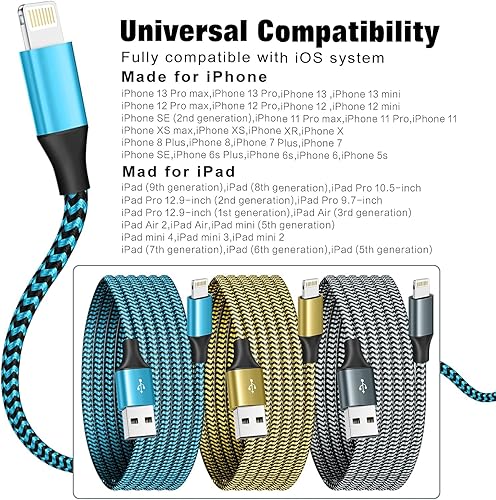 Miniatura 7 de Paquete de 3 cargadores para iPhone, cable Lightning USB de 6 pies, certificado MFi, carga rápida, nailon trenzado para iPhone, cable de carga