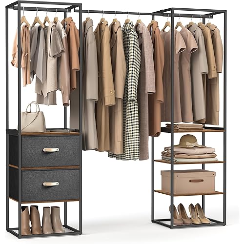 SONGMICS Clothes Rack, 70.9 Inch Wardrobe Freestanding Closet, Heavy Duty Garment Rack with 1 Extendable Hanging Rod, 2 Drawers and 4 Shelves, for Bedroom, Space-Saving, Rustic Brown URGR003B01