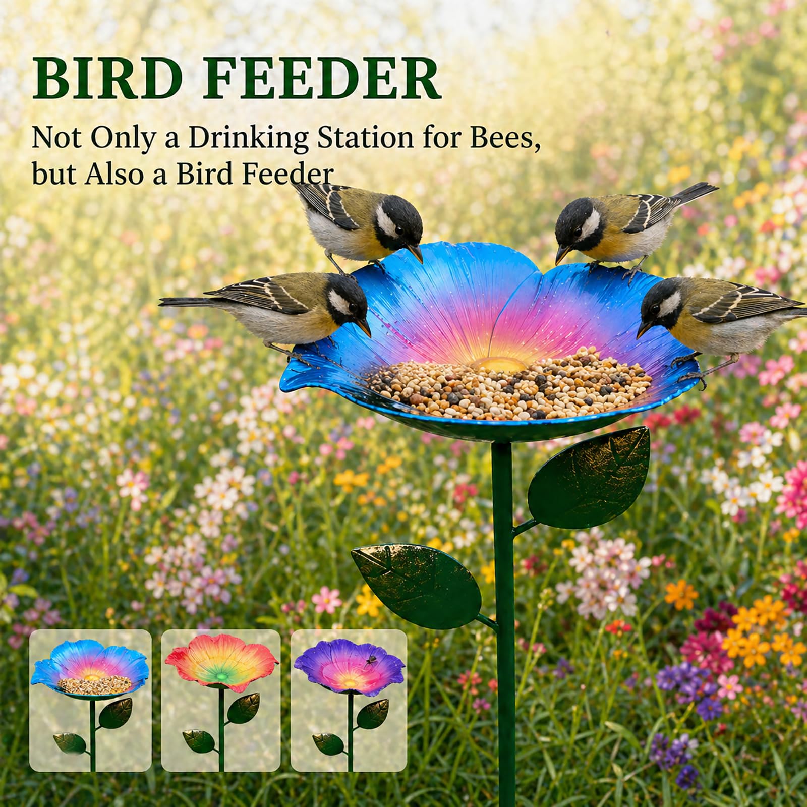 Abreuvoir Abeilles Jardin, 15cm Grand Abreuvoir à Abeilles Métal en Forme de Fleur avec Tuteur, Station d'eau pour Abeilles, Insectes & Papillons, Décoration de Jardin Extérieur (3 pièces)