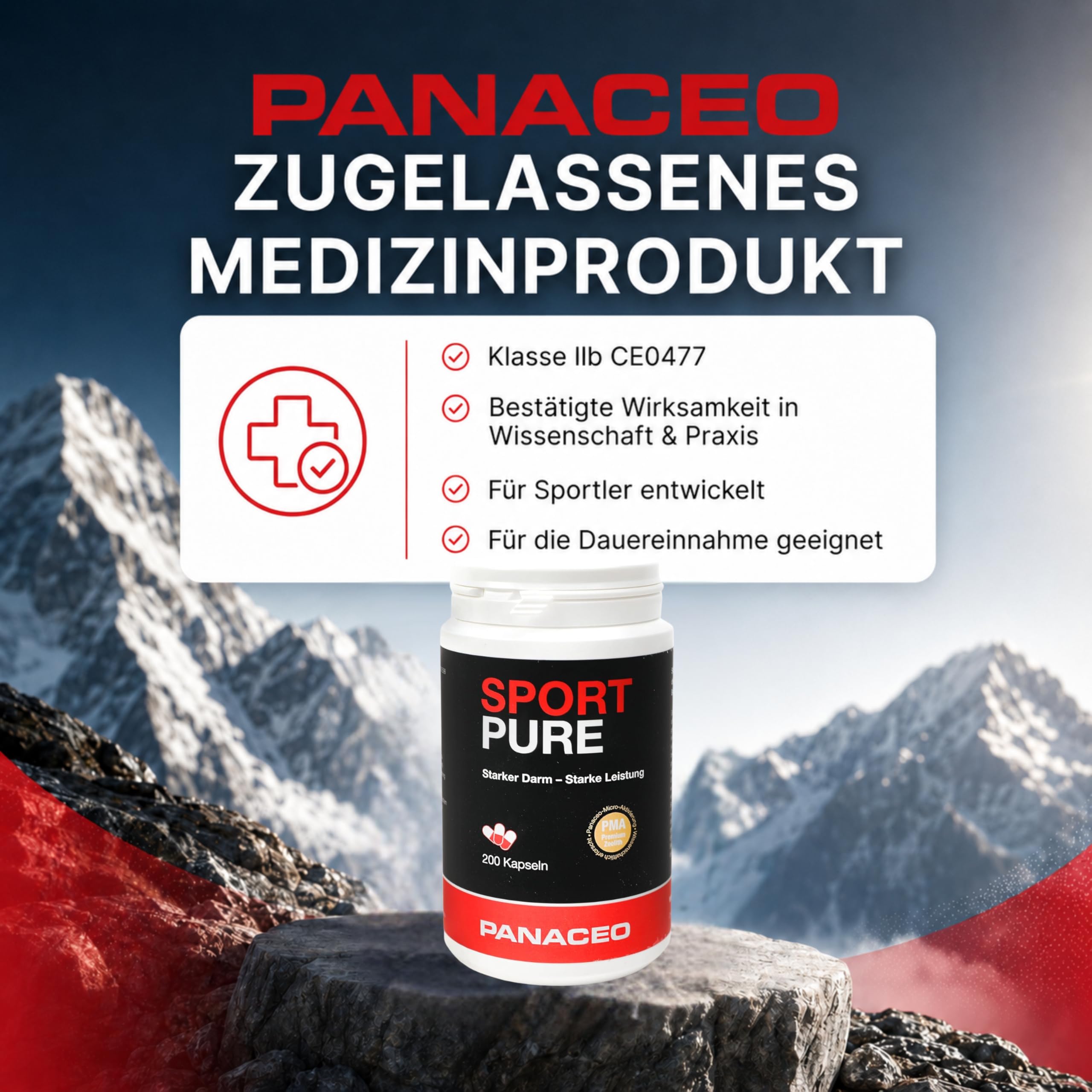 PANACEO Sport Pure – 100% PMA Zeolith 200 Kapseln – Ergänzungsmittel zur Optimierung der Leistungsfähigkeit & Regeneration – Stärkt den Magen-Darm-Trakt, das Immunsystem & reduziert die Laktabelastung