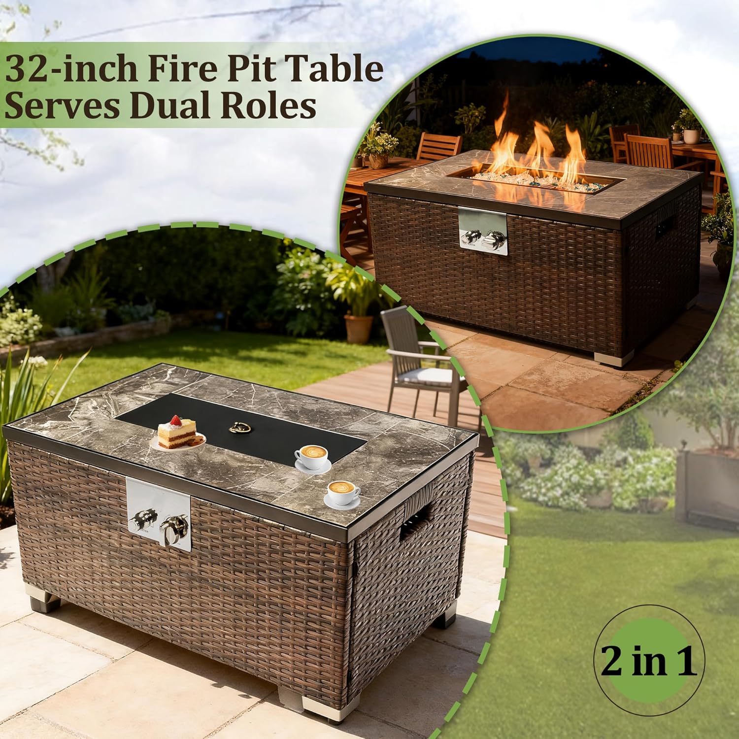 32-Inch Fire Pit Table, 50,000 BTU Fire Table with Brown Wicker & Marble Textured Ceramic Tabletop, Rectangle Propane Gas Fire Table with Lid for Outside Patio Deck Garden Courtyard