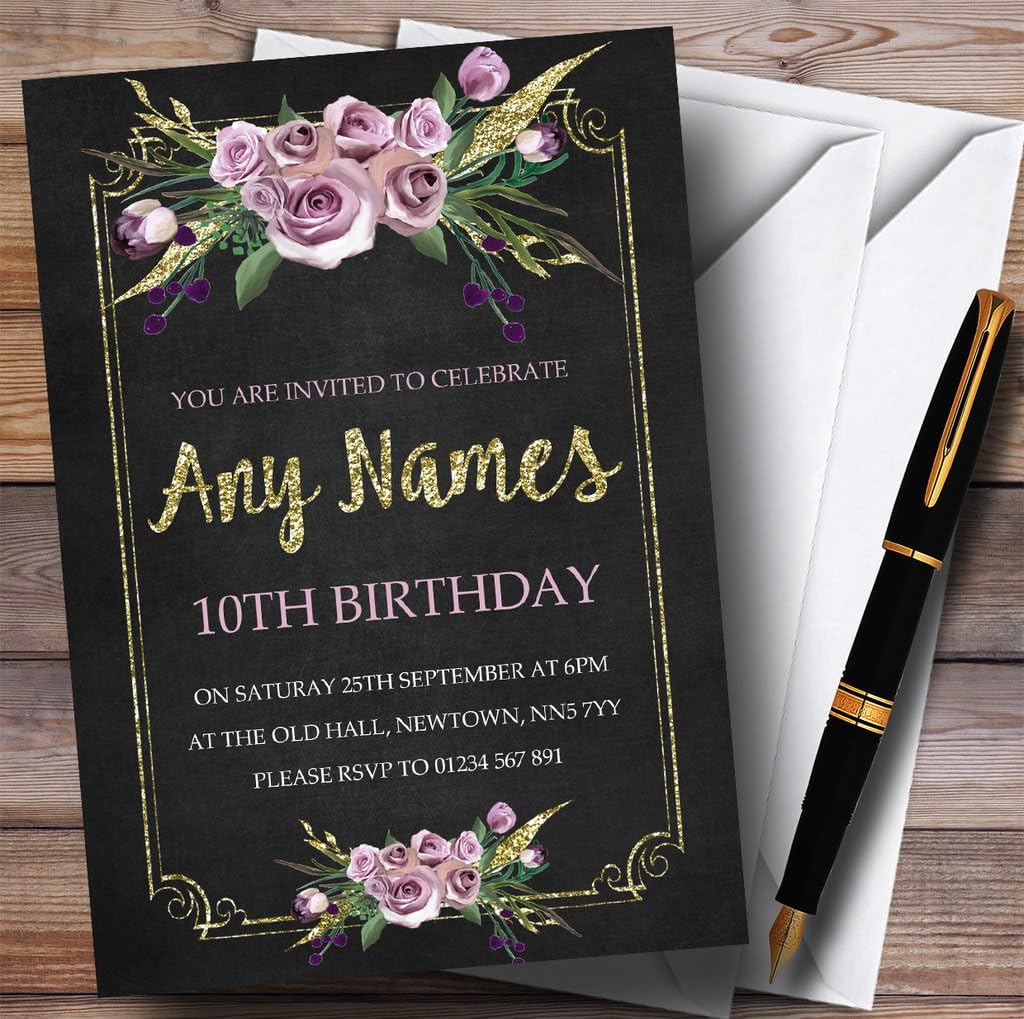 Chalk Effect Pink Gold Floral 10th Personalized Birthday Party Invitations