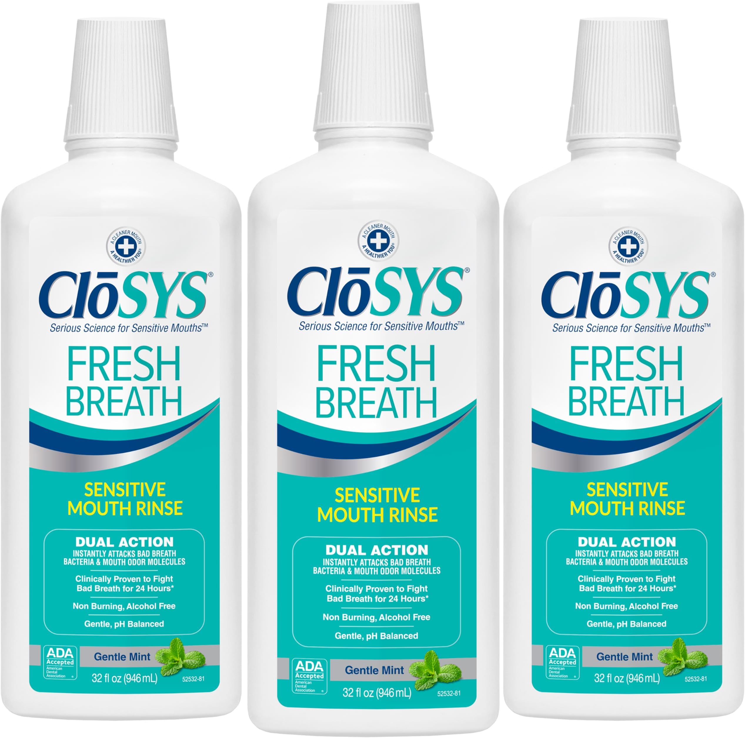 CloSYS Mouthwash, 32 Ounce, 3 Count, Fresh Breath Mouthwash, Gentle Mint, Alcohol Free, Dye Free, pH Balanced Mouth Wash, Helps Soothe Entire Mouth, Fights Bad Breath
