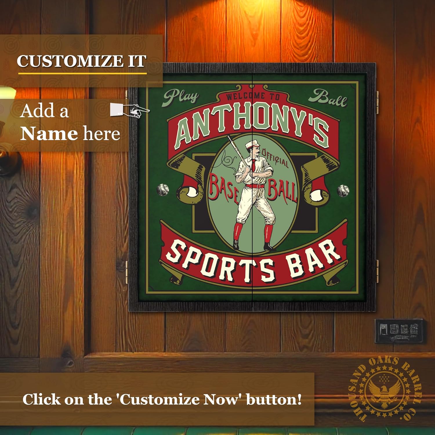 Personalized Dart Board Cabinet Set with 6 Steel Tip Darts, Paper Dartboard, Chalk & Eraser (21.5 x 21.5 x 2.75) - Man Cave Dart Boards for Adults