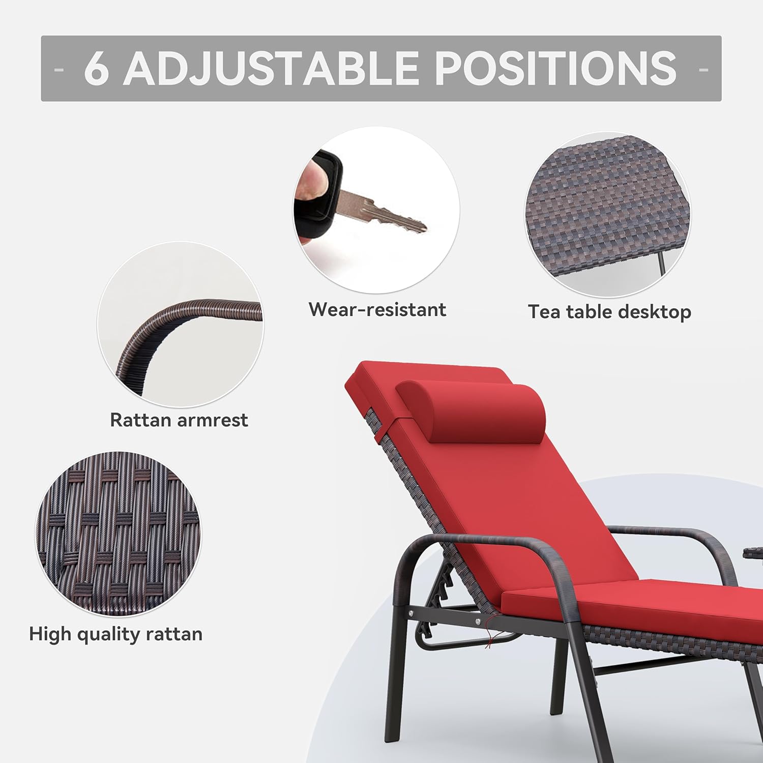 3 Pieces Patio Chaise Lounge Set Outdoor PE Rattan Armrest Lounge Chair Adjustable Backrest Reclining Chair with Folding Table and Cushion for Patio Poolside Backyard Porch Beach(Red)
