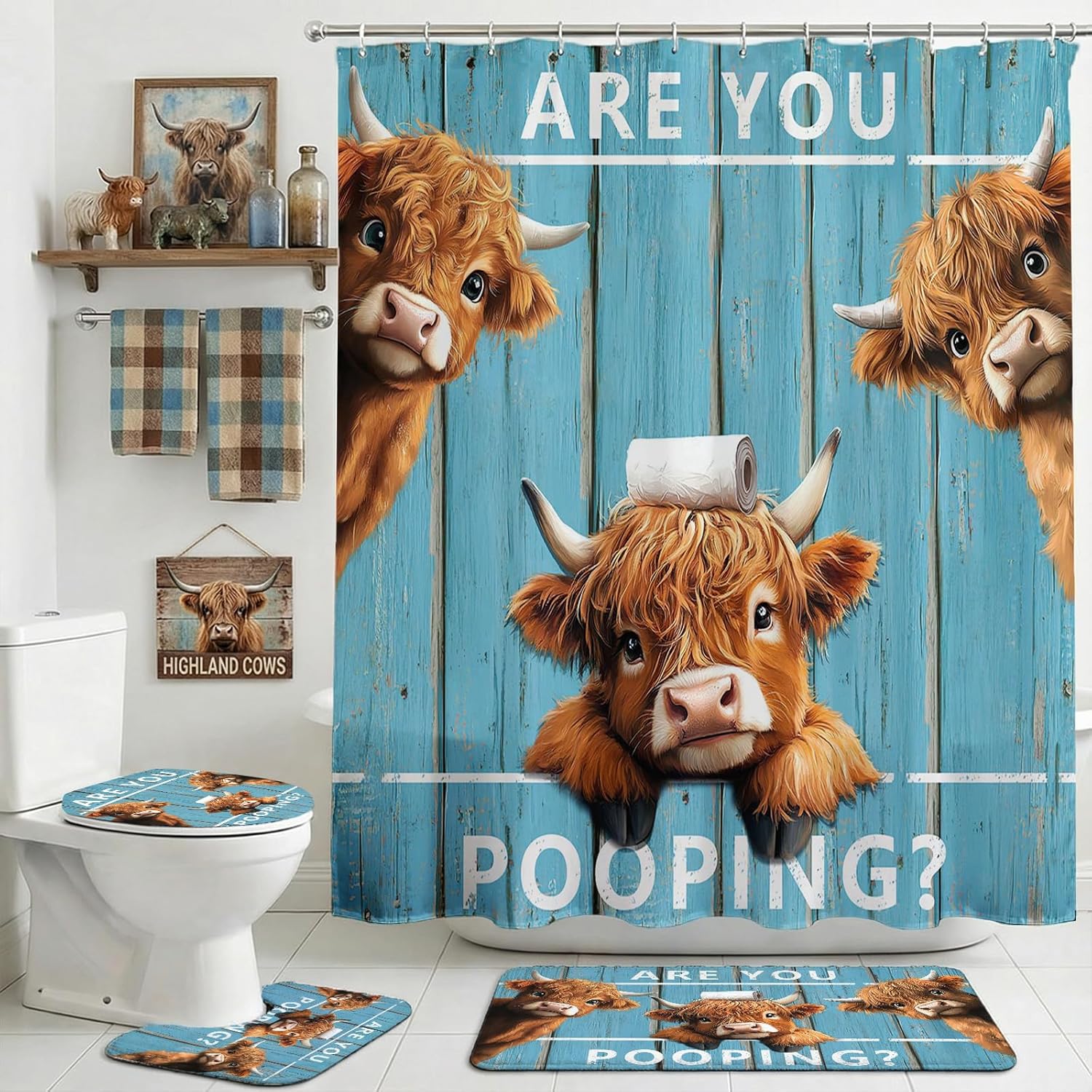 Mocsicka Vintage Funny Highland Cow Shower Curtain Set Retro Blue Plank Door Farmhouse Cow Bath Decor Set Funny Bath Curtain Set with Anti-Slip Waterproof Bathtub Bathroom Rugs Toilet Lid Cover