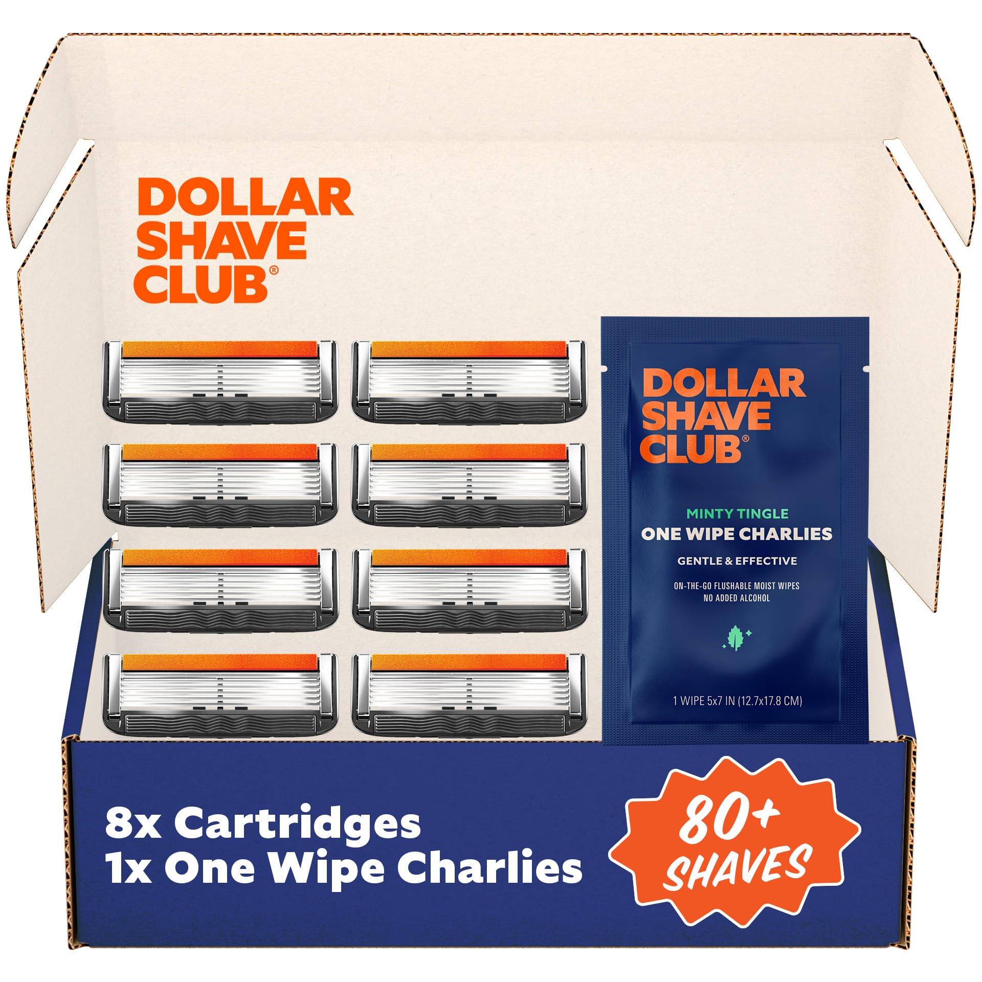 Dollar Shave Club | 6 Blade Razor Refills (8 Pack) | 6 Stainless Steel Blades for a Close & Comfortable Shave, 1 One Wipe Charlies
